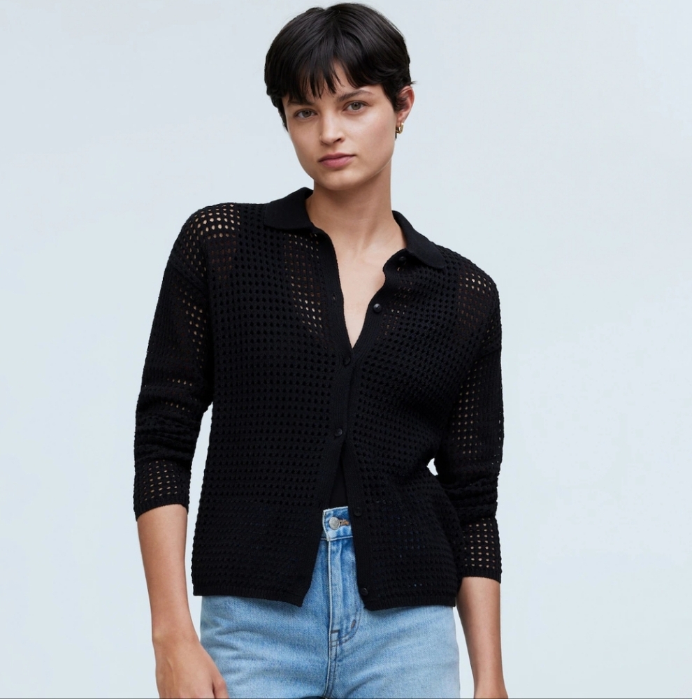 Black Open-Knit Button-Down Sweater Cardigan